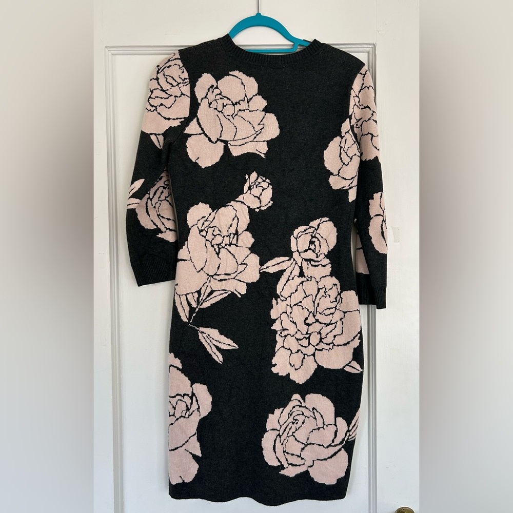 Calvin Klein Black and Pink Floral Long Sleeve Dress
